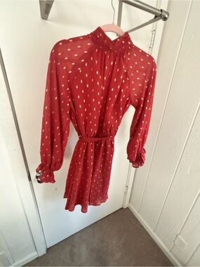 Red Long-Sleeve Tie-Waist Mini Dress with Gold Dot Print